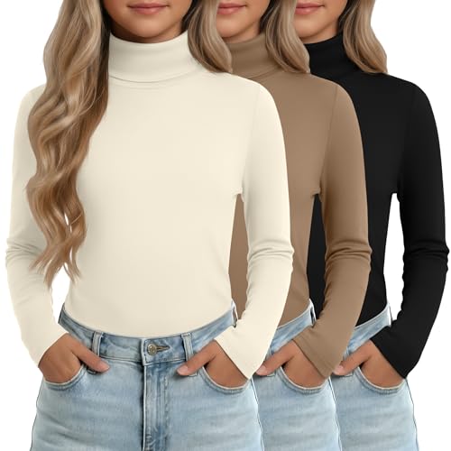 Recopilación de Camisetas térmicas para Niña . 50 LessonZoo - Paquete de 3 camisetas de manga larga para niñas con cuello alto para ropa interior térmica para niños, ropa interior cálida y suave para invierno, Mocha, crema,...