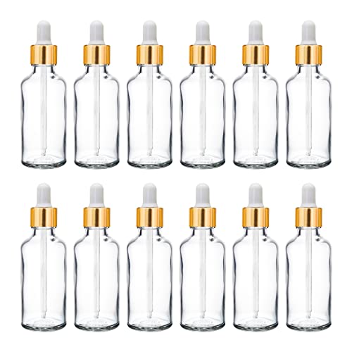 Image of nsb herbals 50 ML Clear /Transparent Round Empty Glass Bottle + Glass Dropper + Gold Ring + Silcon White Teat, Refillable, Leak Proof For Essential Oils, Perfumes (Pack of 24)