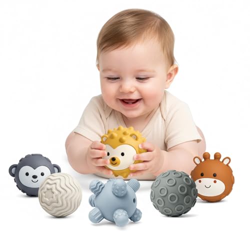 ROHSCE 6-Pack Baby Sensory Balls Textured & Animal Face Toddler Balls BPA-Free Soft Teething Toys Montessori Developmental Toys for Babies 6-12 Months for Infant