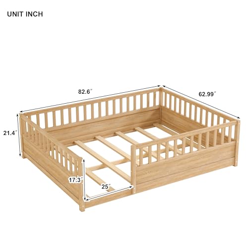 Image of Bellemave Queen Size Kids Montessori Floor Bed,Solid Wood Floor Bed Frame with High Fence and Door for Kids,Girls,Boys,Natural