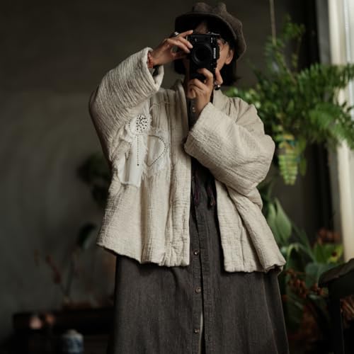 NFYM Women Cotton Linen Quilted Jacket Hand Embroidered Applique Flower Open Front Kimono Coat4