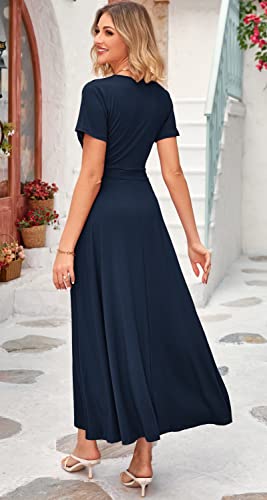 Image of WNEEDU Women's Summer Maxi Dress Short Sleeves Wrap V Neck Long Dresses with Pockets