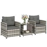 Outsunny Salon de Jardin Extérieur 3 Pièces en Résine Tressée, Table de Jardin avec Rangement, 2 Fauteuils avec Coussins Lavable, Mobilier de Jardin pour Balcon Terrasse Patio, Gris Clair