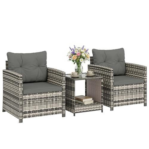Outsunny Salon de Jardin Extérieur 3 Pièces en Résine Tressée, Table de Jardin avec Rangement, 2 Fauteuils avec Coussins Lavable, Mobilier de Jardin pour...