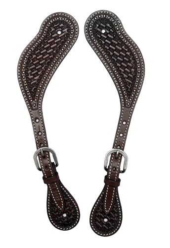 BLACK HOOF Basket Tooled Leather Spur Straps with Silver Spots for Horse Riders | Western Men, Women, Adjustable Single Ply Spur Straps | Equestrian Accessories (Dark Brown)