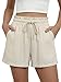 POMTIMCO Bermuda Shorts Damen Sommer Leinen Baumwolle Kurze Hose High Waist Musselin Shorts Luftige Leinenshorts mit Taschen Beige S
