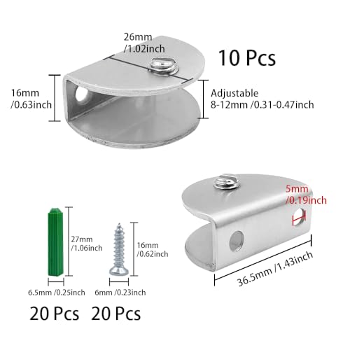WYAN 10 Pcs Adjustable Semicircular Glass Shelf Brackets,Wall Mounted Glass Clamp Shelf Supports,304 Stainless Steel,Adaptive 6-9MM Thickness Glasses(with Screws) - Image 2