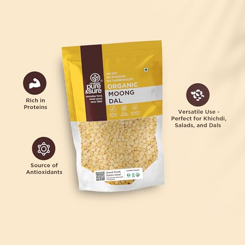 Image of Pure & Sure Organic Yellow Moong Dal (Split) 1Kg | 100% Natural Mung Dal Chilka | Unpolished | Vegan, Gluten-Free, Non GMO | Chemical Free & Pesticides Free