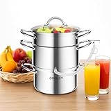 OROLEY Steam Juicer Extractor Stainless Steel, Juice Steamer Pot for Fruit & Vegetables with Glass Lid, Hose, Clamp, Loop Handles, Ideal for Making Fresh Juice, Jelly, and Sauces (5Qt 304 Stainless Steel)