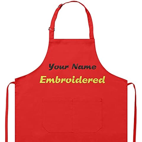 VEDULEKA Customized Embroidered Apron, 100% Cotton Personalized Apron with 2 Pockets for Adult Women Men(32" L x23.6 W) Custom Apron with Waterproof for Kitchen Restaurant Grilling Cafe(Red) Cover