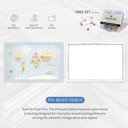 Image of IPIC - Blue Ocean World Map Pin Board Canvas Wall Art, Travel Map with Pins Included, Ready to Hang for Home or Office 24x16 Inch