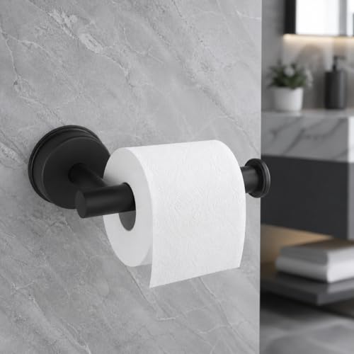 Suction-Cup-Toilet-Paper-Holder No Drill Wall Mount Toilet Paper Holder for Smooth Tile Glass Marble Metal Stainless Steel Matte Black Bathroom Tissue Roll Holder for Rental RV Apartment