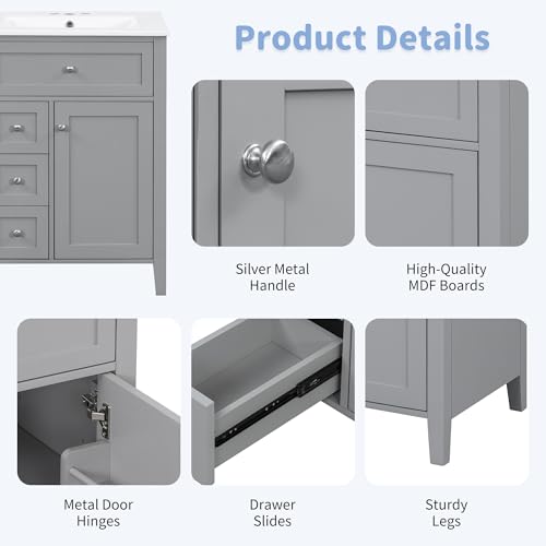 Image of Favfurish 24 inch Modern Bathroom Vanity with Ceramic Sink, Rubberwood Frame Freestanding Storage Cabinet w /3 Drawers & Tilt-Out Drawer, Adjustable Shelf, Heavy-Duty 150 lb Capacity for Small Space, Grey