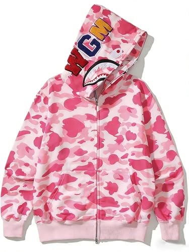 RICK TOP ONE Camouflage Hoodie with Shark Embroidery, Full Zip, Lightweight Couple Sweatshirt (US, Alpha, Small, Regular, Regular, Pink)