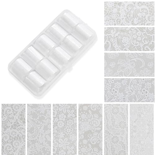 Ceriselle Lace Nail Foil, 10 bandes de feuille à ongles pour transfert & feuille d'ongles holographique, feuille pour ongles dentelle blanche pour design nail art DIY et décoration manucure