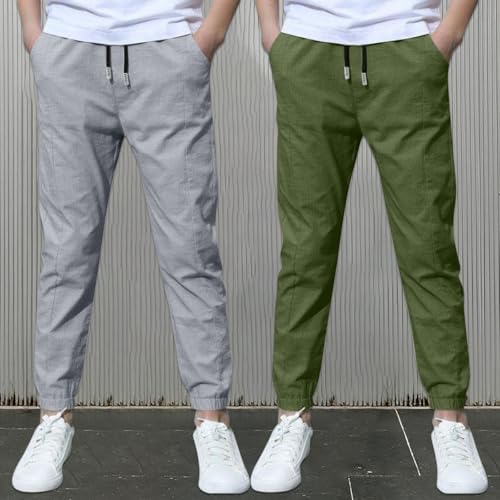 Linen Pants for Boys 2-Piece Kids Baggy Straight Leg Sweatpants Casual Cuffed Ankles Drawstring Jogger with Pockets2