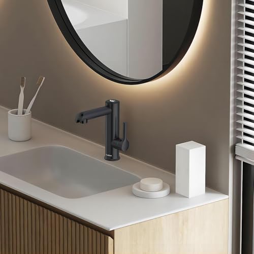Briwellna Elektrischer Wasserhahn aus Edelstahl, 220V Wasserhahn, Heißwasserhahn für das Badezimmer, Elektrisch Wasserhahn mit Digitalanzeige (Black)