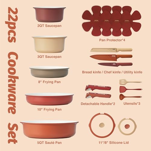 Image of CAROTE Ceramic Cookware Set, Pots and Pans Set Non Stick with Detachable Handle, 22Pcs Non Toxic Induction Kitchen Cookware