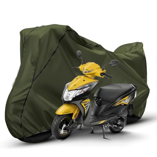 Image of Waterproof Bike Body Cover Compatible with Honda Dio Dustproof Scratchproof - Motorcycle Cover for Two Wheeler, Outdoor Full Cover with UV, Duty, Rain Protection (Olive with Black)