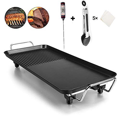 CHUDAN Smoke-free non-stick electric grill, Portable Household Electric Grill Aluminum alloy table grills, Five gear position adjustable, with barbecue clip and meat thermometer,L