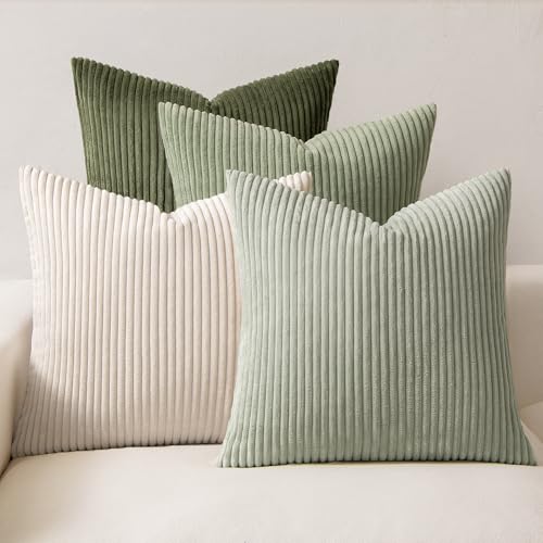 Image of MIULEE Decorative Throw Pillow Covers Set of 4 Summer Light Green Gradient Natural Earthy Modern Classic Soft Corduroy Cushion Covers for Sofa Couch Bed Living Room Spring Home Decor 24x24 Inch