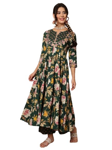 Womens Kimayra Cotton Black Calf Length Printed Flared 3/4 Sleeves Round Neck Kurta Bottom Dupatta Set-picture-51
