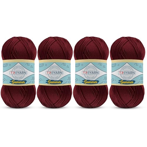 Image of TROYARN Summer (4- Skeins Pack) Silk Effect Hand Knitting Yarn Crochet Art Lace Craft 100% Microfiber Acrylic 4x100 gr (4x383 yds) (105057 - Claret Red)