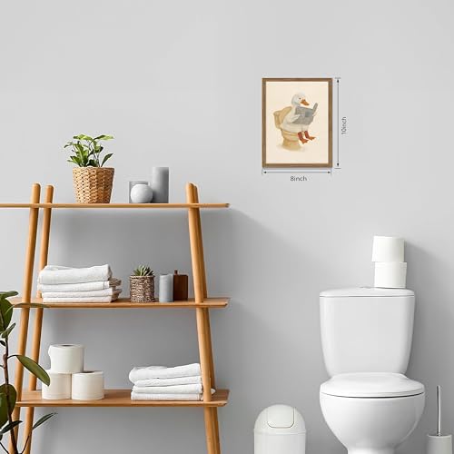 Image of Framed Duck Bathroom Wall Art, Whimsical Duck Reading on Toilet, Funny Kids Bathroom Wall Decor, Vintage Farmhouse Toilet Decor, Cute Animal Canvas Print for kids Room 8x10 inch