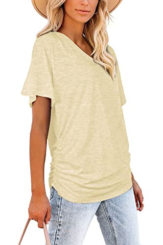 Image of WIHOLL Womens Summer T-Shirts Short Sleeve V Neck Dolman Tops with Side Shirring Loose Fit Shirts Spring Fashion