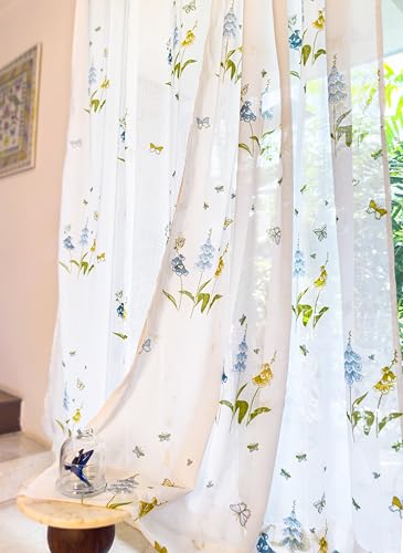 Image of Tranquebar Curtain Co. Sheer Curtains 7 Feet Long Set of 2, Linen Textured Sheer Fabric, 20-30% Light Filtering, Blue Floral Print, White Sheer Curtains 7 Feet, BackTabs, Titli (213 cm) - Set of 2