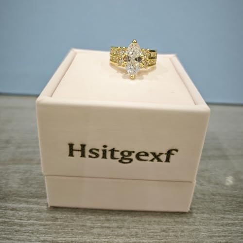 Yellow Gold-Plated Marquise Cut & Round Cut Cubic Zirconia Rings Simulated Diamond Bridal Engagement Ring,Vintage Style Wedding Band Ring Jewelry Gifts2