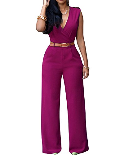 Mujer Cuello En V Monos Fiesta Largos Jumpsuits Sin Mangas Pantalones Anchos Morado L