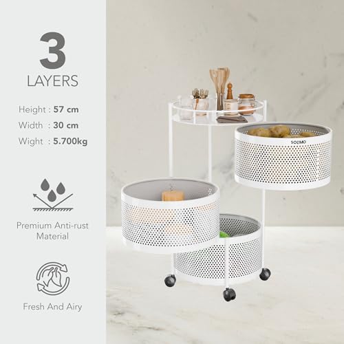 Image of Amazon Brand - Solimo 360 Revolving Preassembled Portable 3 Layer Round Multipurpose Storage Kitchen Rack Carbon Steel Fruit Vegetable & Spice Trolley with Wheels for Kitchen Organizer(Matte, White)