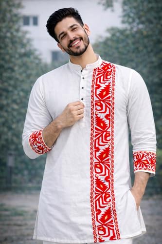 Image of Men's Cotton Jamdani Kurta for Festive, Casual Wear | Traditional Bengali Style Long Kurta | S to XL Size | White, Yellow, Blue Color Options