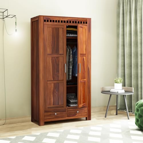 Image of Wooden 2 Door Wardrobe for Bedroom, Almirah with 2 Drawers & Multiple Shelves Storage, Solid Sheesham Wood, Honey Finish
