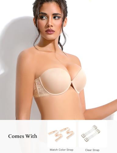 Strapless Push Up Bra with Clear Straps for Women, Thick Padded Underwire Convertible Bras Add One Cup4