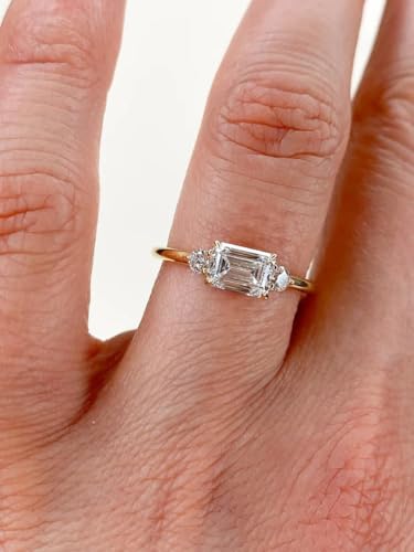 Minimalist 1 CT East-West Emerald Cut Moissanite Ring-14k Solid Yellow Gold-Wedding Ring-Brilliant Cut Sides-1.6 MM Solitaire Band-In Trends - GJH1323