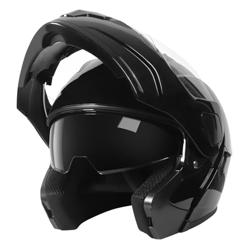 SPARK DOT Approved Modular Flip-Up Dual Visor Motorcycle Full Face Helmet for Adults Men & Women (Bright Black, Medium)