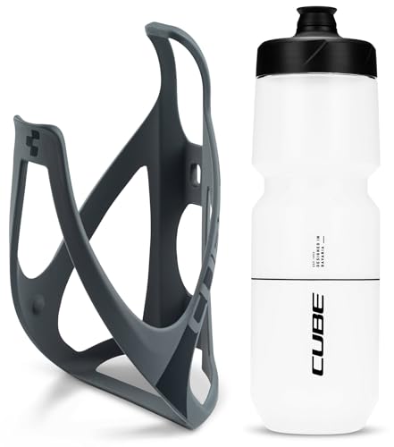 Cube HPP Cage - Matt Grey/Black & Flow Bottle - Clear, 750ml / Water Drink Flask Vessel Bidon Holder Mount Bracket Kit Lightweight Plastic Drinking Hydration Biking Bike Riding Frame Accessories
