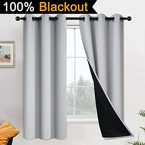 Image of Yakamok Light Grey 100% Blackout Curtains 63 Inches Long 42 inch Wide 2 Panel | Blackout Curtain Panels for Bedroom, 2 Thick Layers Grommet Top Thermal Insulated Drapes with Black Liner for Living Room