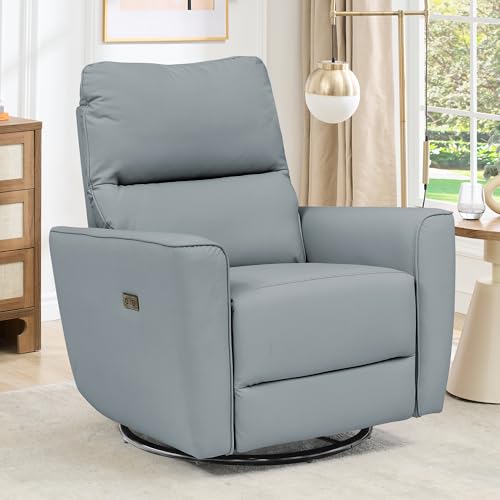 Power Recliner Chair Swivel Glider Faux Leather Upholstered Nursery Rocker Reclining Sofa Chair with Charging Port, Curved Armrests & Padded Backrest for Living Room and Bedroom (Power Gray)
