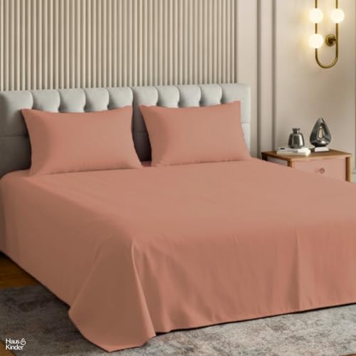 Image of haus & kinder Bedsheet Double Bed, 300 TC Cotton Sateen Weave, Fitted Bedsheet for Double Size Bed, Silky Smooth (Apricot, 60x78)