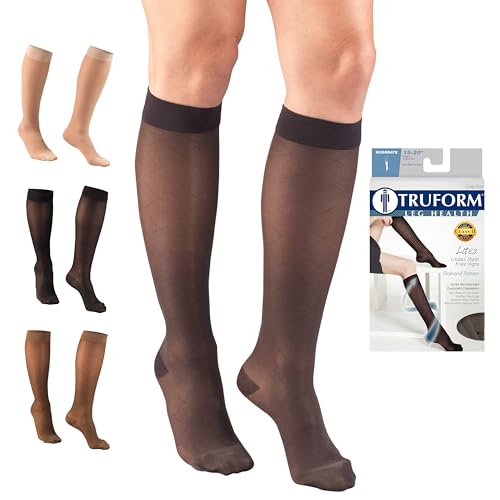 Image of Truform Sheer Compression Stockings, 15-20 mmHg, Women's Knee High Length, Diamond Pattern, Charcoal, Large