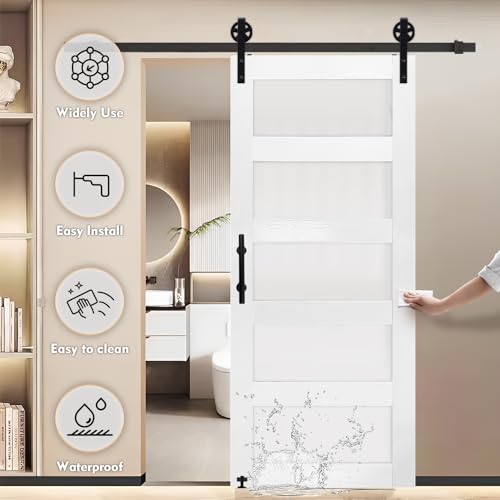 S&Z TOPHAND® 24in x 84in Glass Sliding MDF Barn Door with 4FT Sliding Door Hardware Kit, 5 Tempered Frosted Glass, Slab Inside Covered with Water-Proof PVC Surface, Simple DIY Assembly (Big Wheel) - Thumbnail 5