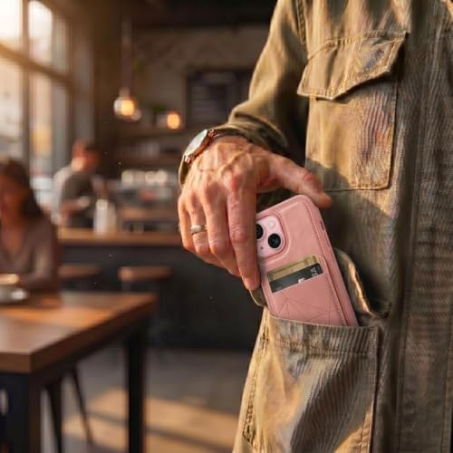 Image of amazon basics Premium Vegan Leather Back Cover with Card Holder and Integrated Mobile Stand for iPhone 15 - Slim Shockproof Wallet Case with Geometric Stitching [Pink]