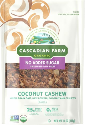 Image of Cascadian Farm Organic Granola with No Added Sugar, Coconut Cashew Cereal, Resealable Pouch, 11 oz. (Pack of 5)