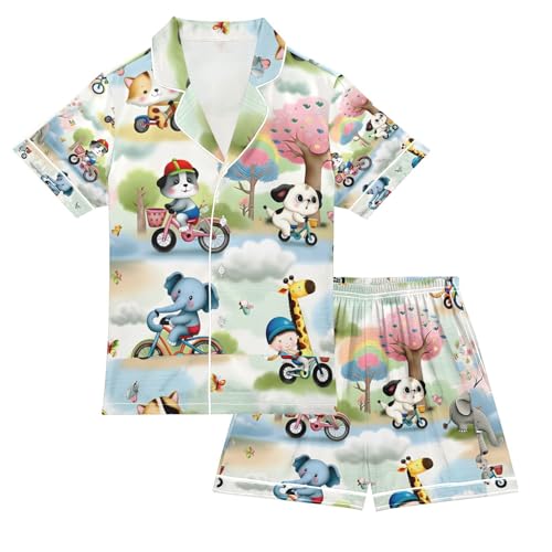 senya Animals on A Bicycle Satin Summer Pajama Sets Silk Short Sleeve Button Down Sleepwear