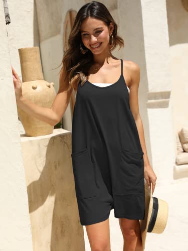 Deep Self Women Summer Loose Black Sleeveless Rompers For Women Casual Adjustable Spaghetti Strap V Neck Shorts Jumpsuits With Pockets #TOP2