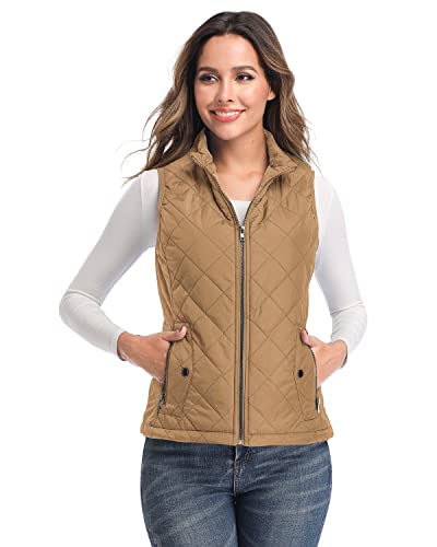 Longking Camel Women's Outwear Vest, Stand Collar Lightweight Zip Quilted Vest For Women L #TOP1