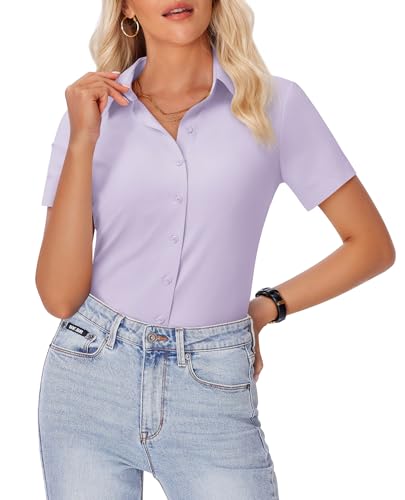 Image of siliteelon Womens Button Down Shirt Slim Fit Stretch Short Sleeve Dress Shirt Wrinkle Free Collared Business Work Blouse Top
